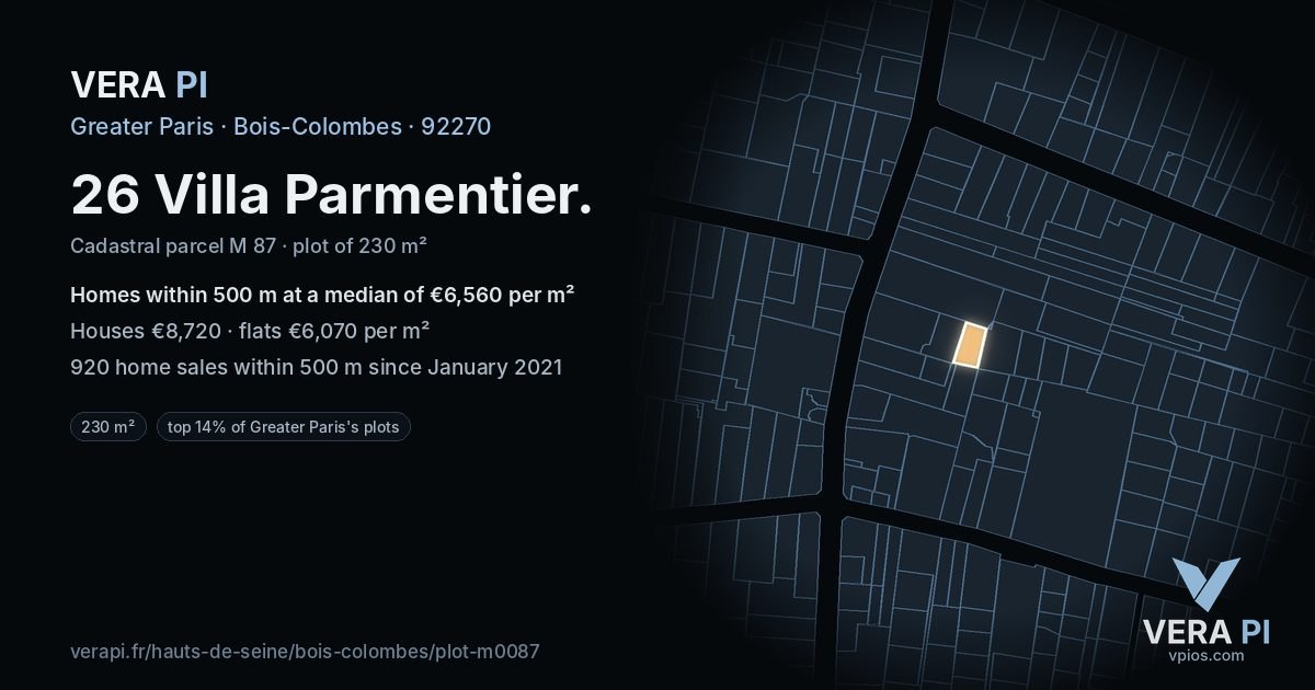 26 Villa Parmentier, Bois-Colombes at night – the plot lit, the parcels around coloured by the prices near them