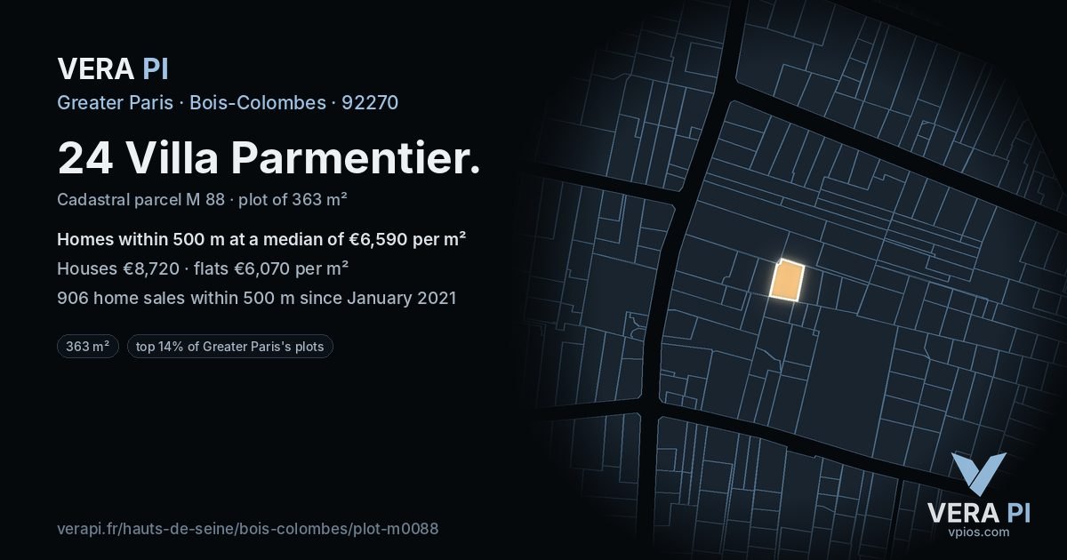 24 Villa Parmentier, Bois-Colombes at night – the plot lit, the parcels around coloured by the prices near them