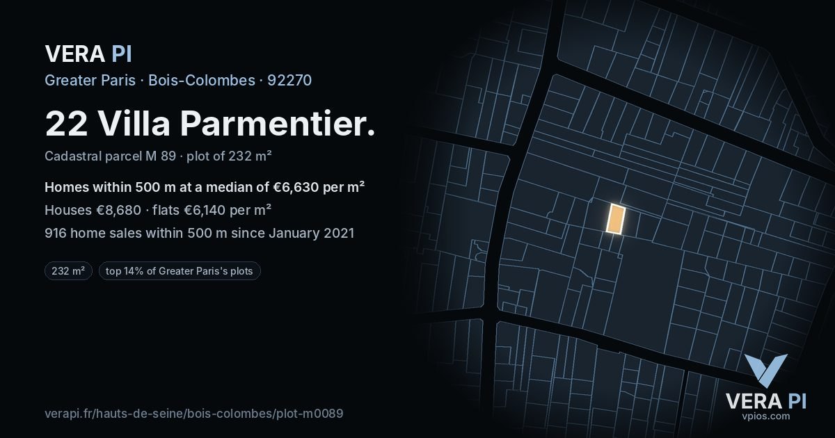 22 Villa Parmentier, Bois-Colombes at night – the plot lit, the parcels around coloured by the prices near them