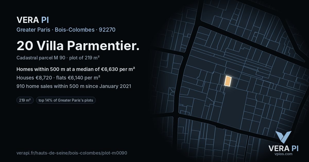 20 Villa Parmentier, Bois-Colombes at night – the plot lit, the parcels around coloured by the prices near them