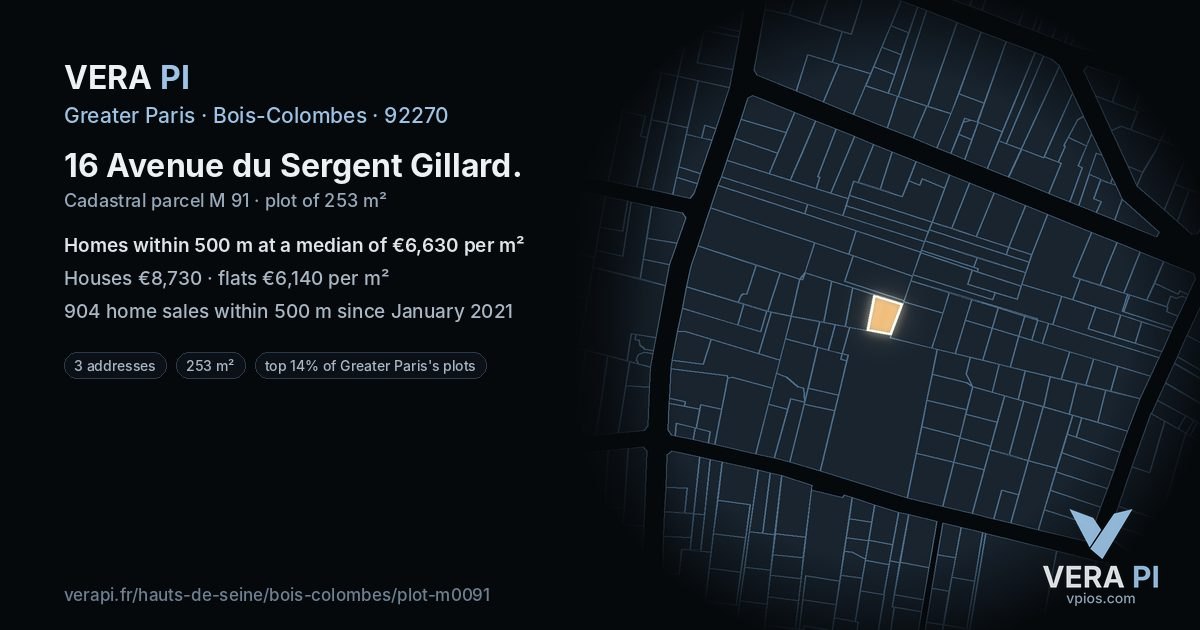 16 Avenue du Sergent Gillard, Bois-Colombes at night – the plot lit, the parcels around coloured by the prices near them