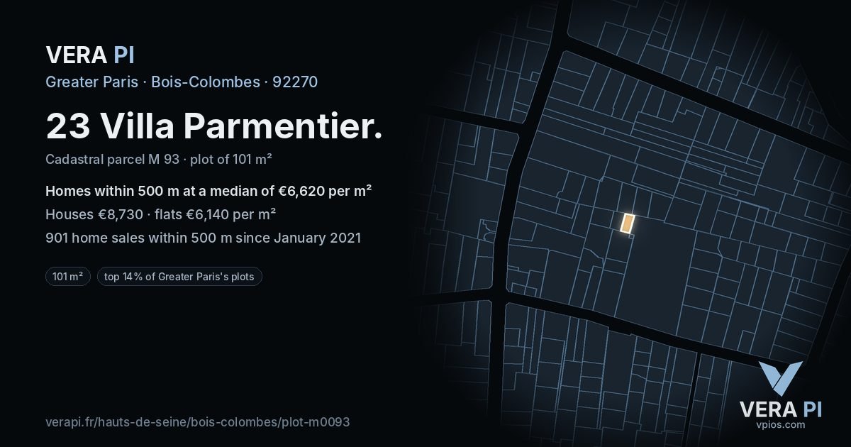 23 Villa Parmentier, Bois-Colombes at night – the plot lit, the parcels around coloured by the prices near them