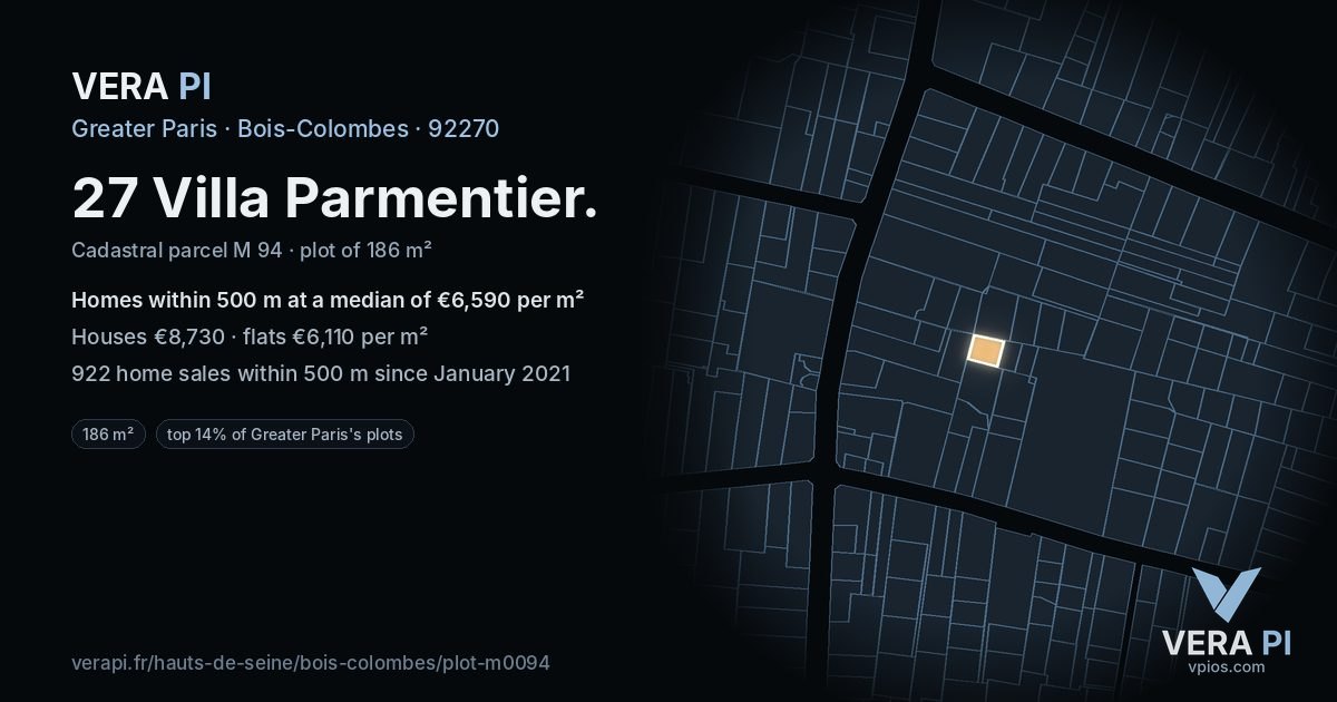 27 Villa Parmentier, Bois-Colombes at night – the plot lit, the parcels around coloured by the prices near them