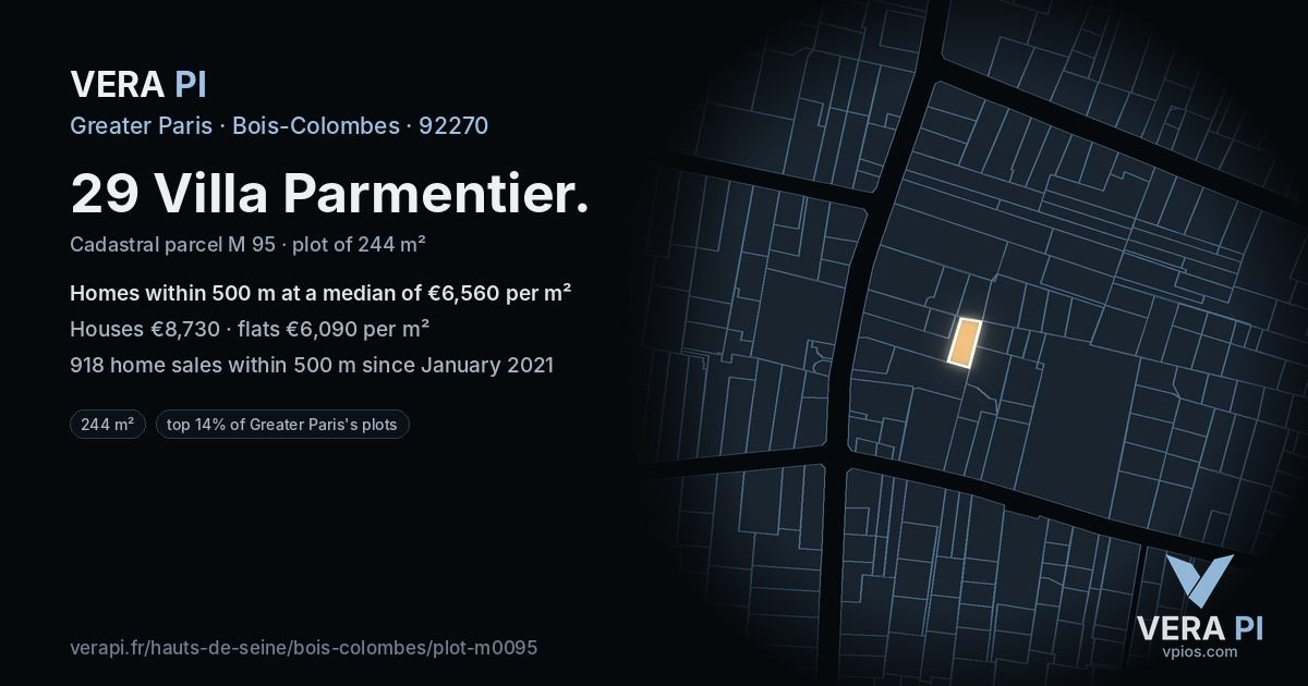 29 Villa Parmentier, Bois-Colombes at night – the plot lit, the parcels around coloured by the prices near them