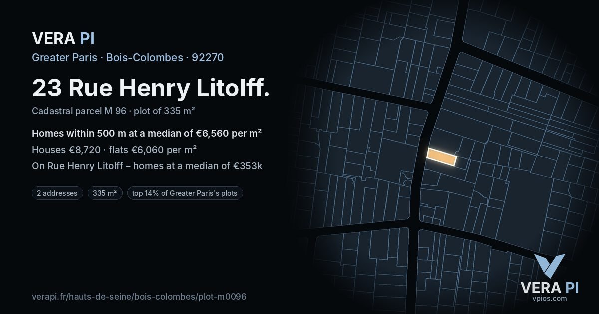 23 Rue Henry Litolff, Bois-Colombes at night – the plot lit, the parcels around coloured by the prices near them