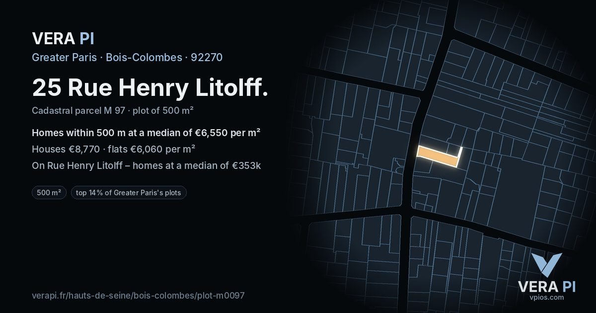25 Rue Henry Litolff, Bois-Colombes at night – the plot lit, the parcels around coloured by the prices near them