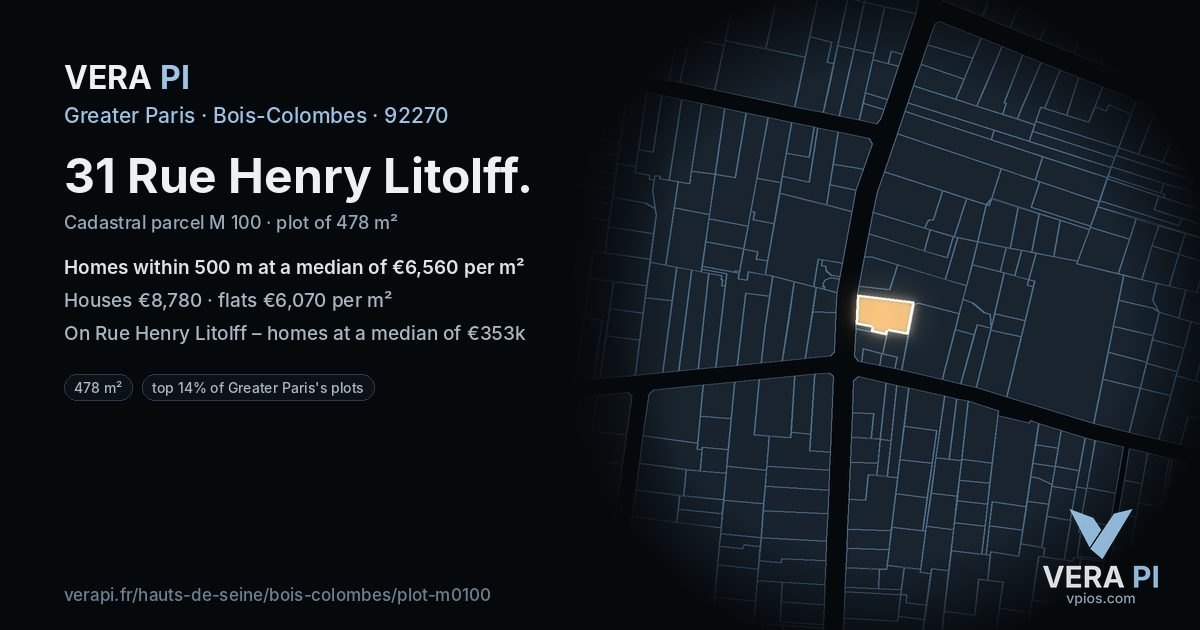 31 Rue Henry Litolff, Bois-Colombes at night – the plot lit, the parcels around coloured by the prices near them