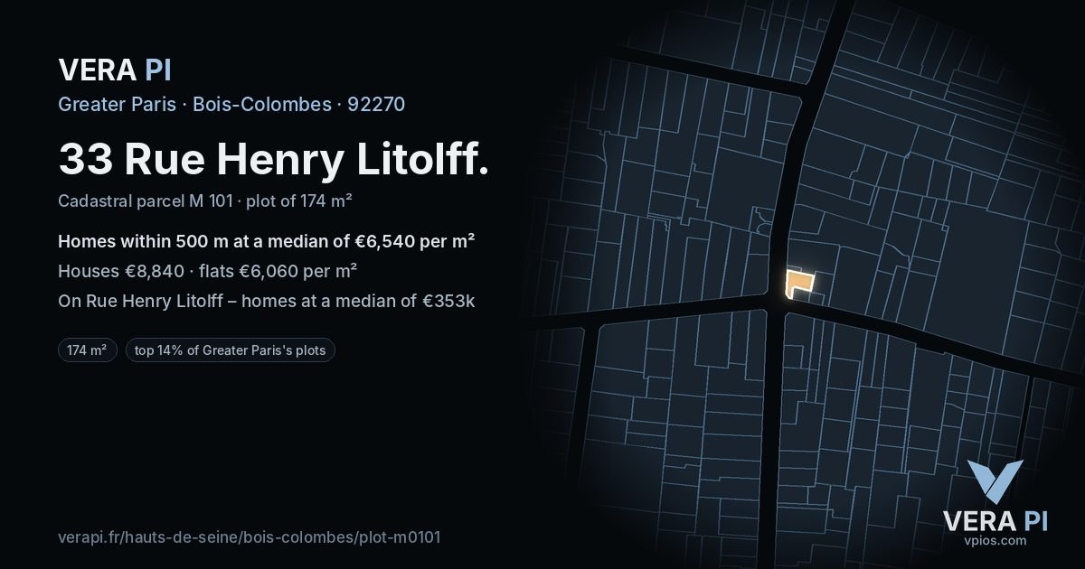 33 Rue Henry Litolff, Bois-Colombes at night – the plot lit, the parcels around coloured by the prices near them