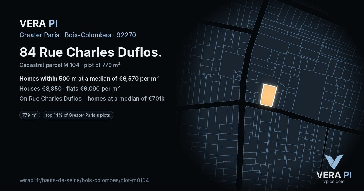 84 Rue Charles Duflos, Bois-Colombes at night – the plot lit, the parcels around coloured by the prices near them