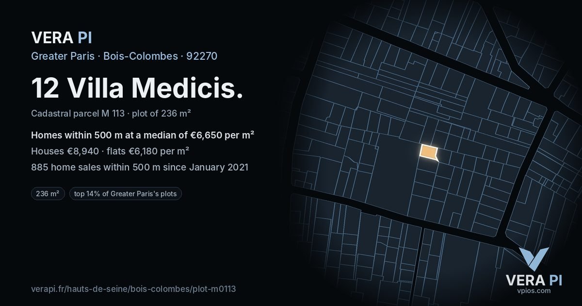 12 Villa Medicis, Bois-Colombes at night – the plot lit, the parcels around coloured by the prices near them