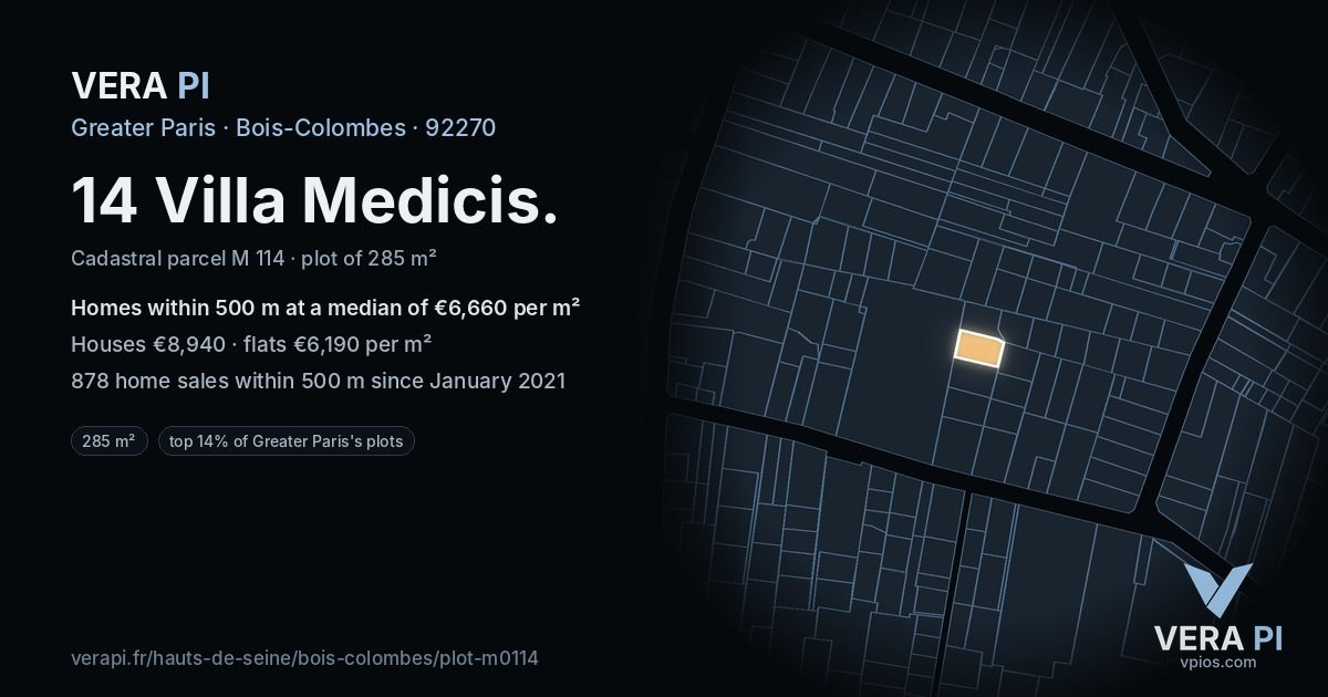 14 Villa Medicis, Bois-Colombes at night – the plot lit, the parcels around coloured by the prices near them