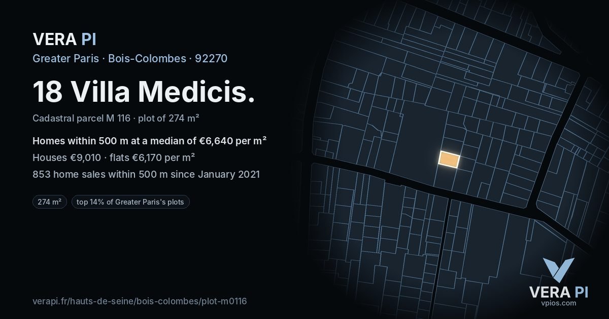 18 Villa Medicis, Bois-Colombes at night – the plot lit, the parcels around coloured by the prices near them