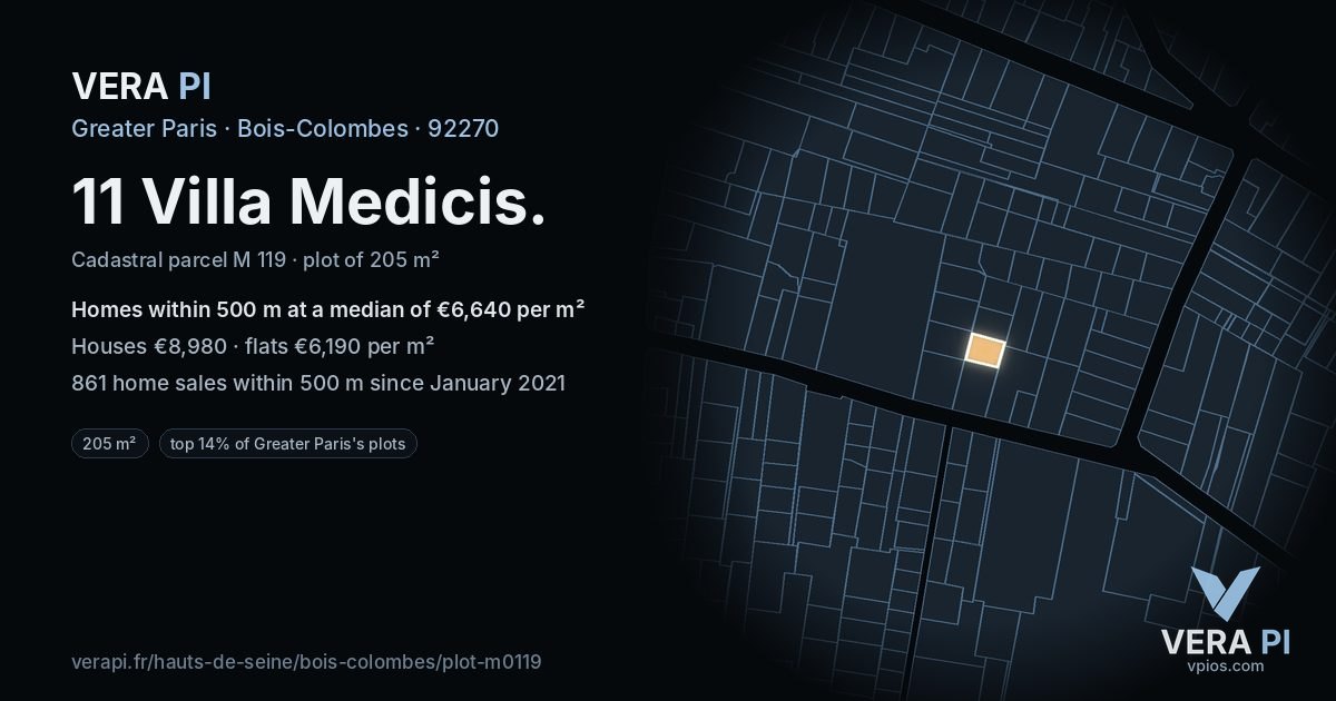 11 Villa Medicis, Bois-Colombes at night – the plot lit, the parcels around coloured by the prices near them