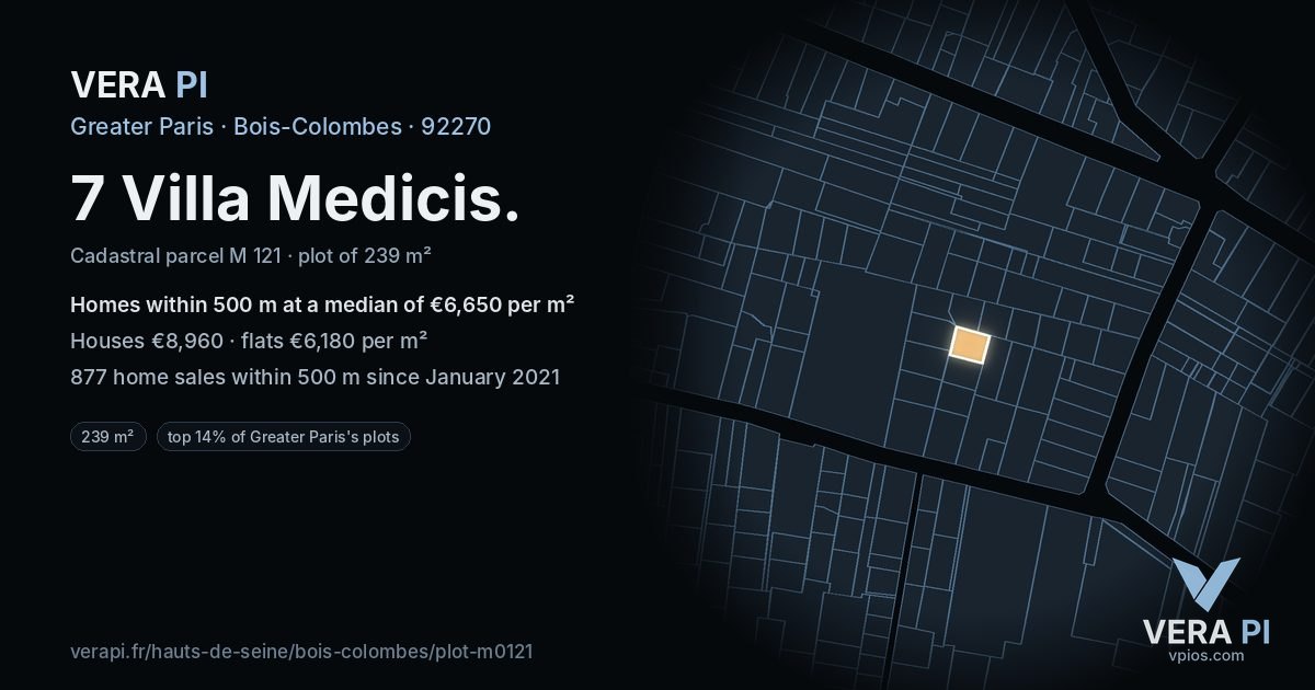 7 Villa Medicis, Bois-Colombes at night – the plot lit, the parcels around coloured by the prices near them