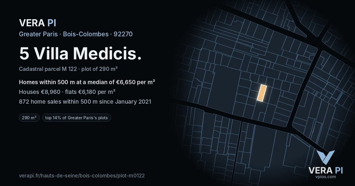 5 Villa Medicis, Bois-Colombes at night – the plot lit, the parcels around coloured by the prices near them