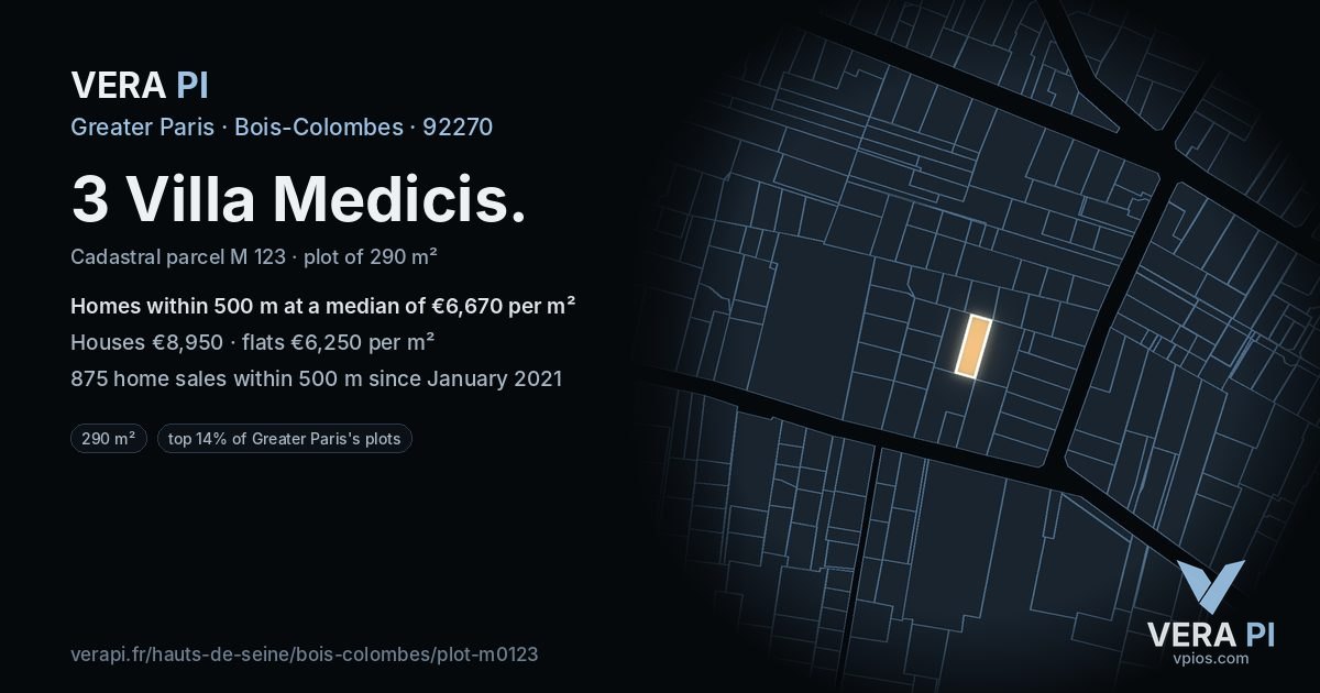 3 Villa Medicis, Bois-Colombes at night – the plot lit, the parcels around coloured by the prices near them