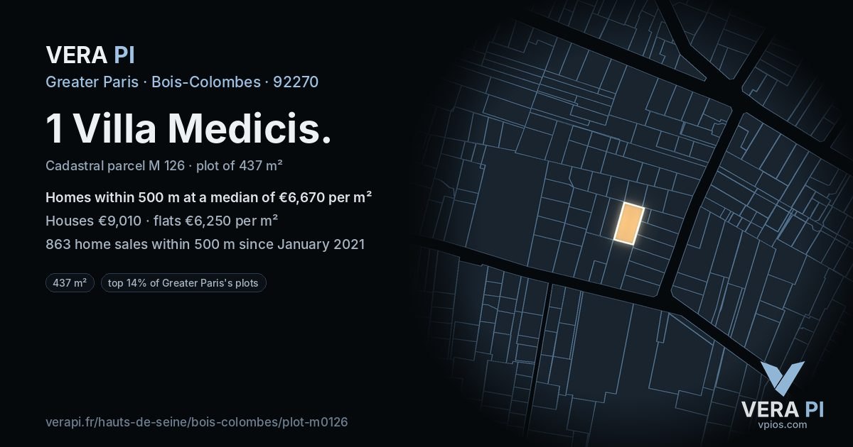 1 Villa Medicis, Bois-Colombes at night – the plot lit, the parcels around coloured by the prices near them