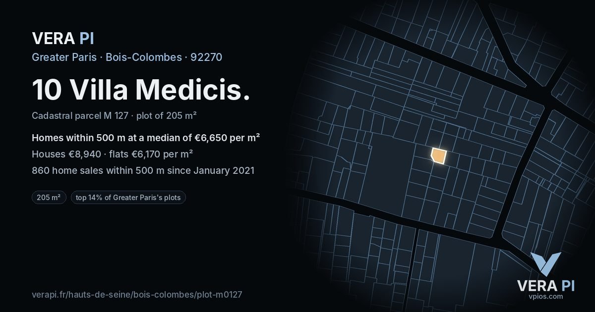 10 Villa Medicis, Bois-Colombes at night – the plot lit, the parcels around coloured by the prices near them