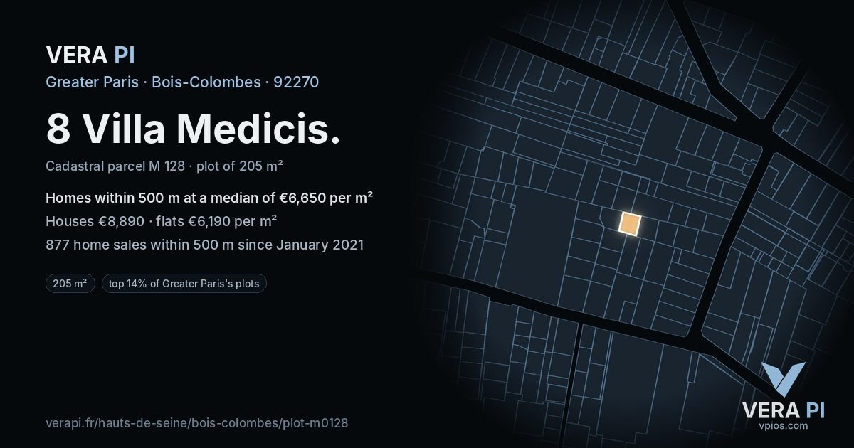 8 Villa Medicis, Bois-Colombes at night – the plot lit, the parcels around coloured by the prices near them
