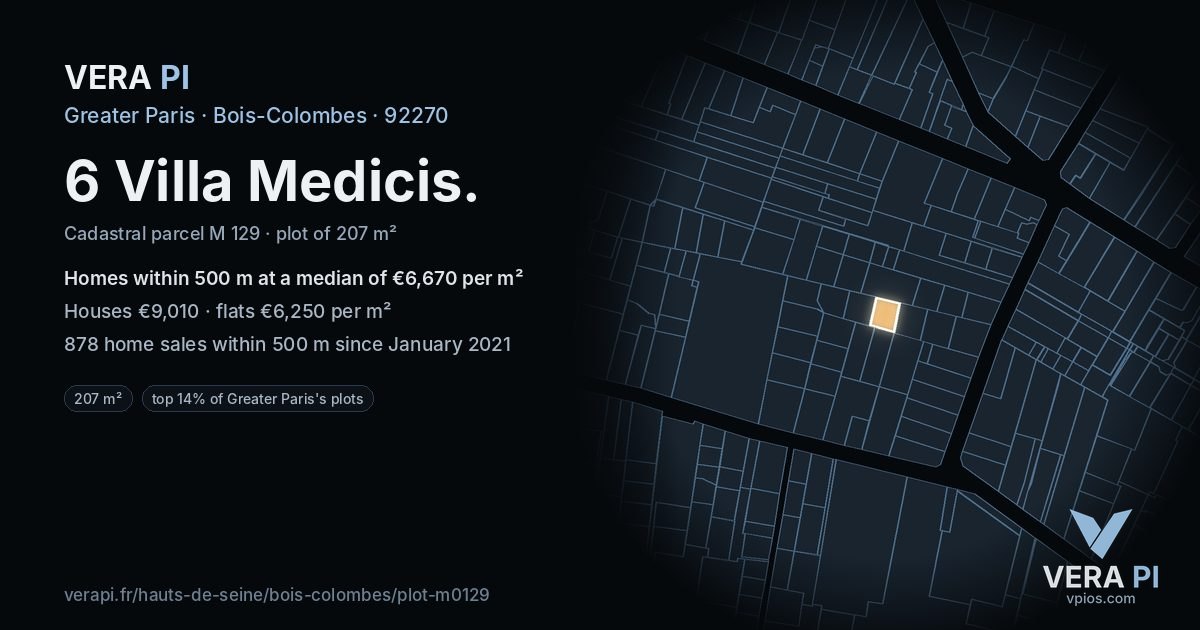 6 Villa Medicis, Bois-Colombes at night – the plot lit, the parcels around coloured by the prices near them