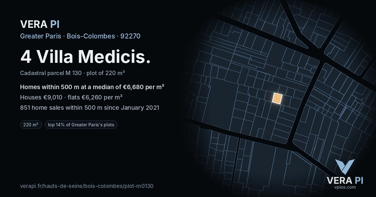 4 Villa Medicis, Bois-Colombes at night – the plot lit, the parcels around coloured by the prices near them
