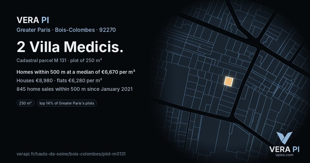 2 Villa Medicis, Bois-Colombes at night – the plot lit, the parcels around coloured by the prices near them