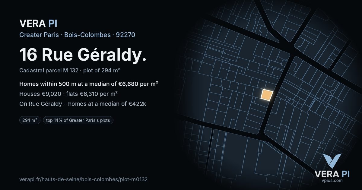 16 Rue Géraldy, Bois-Colombes at night – the plot lit, the parcels around coloured by the prices near them