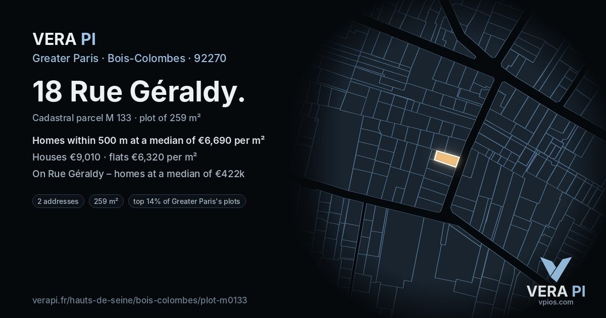 18 Rue Géraldy, Bois-Colombes at night – the plot lit, the parcels around coloured by the prices near them