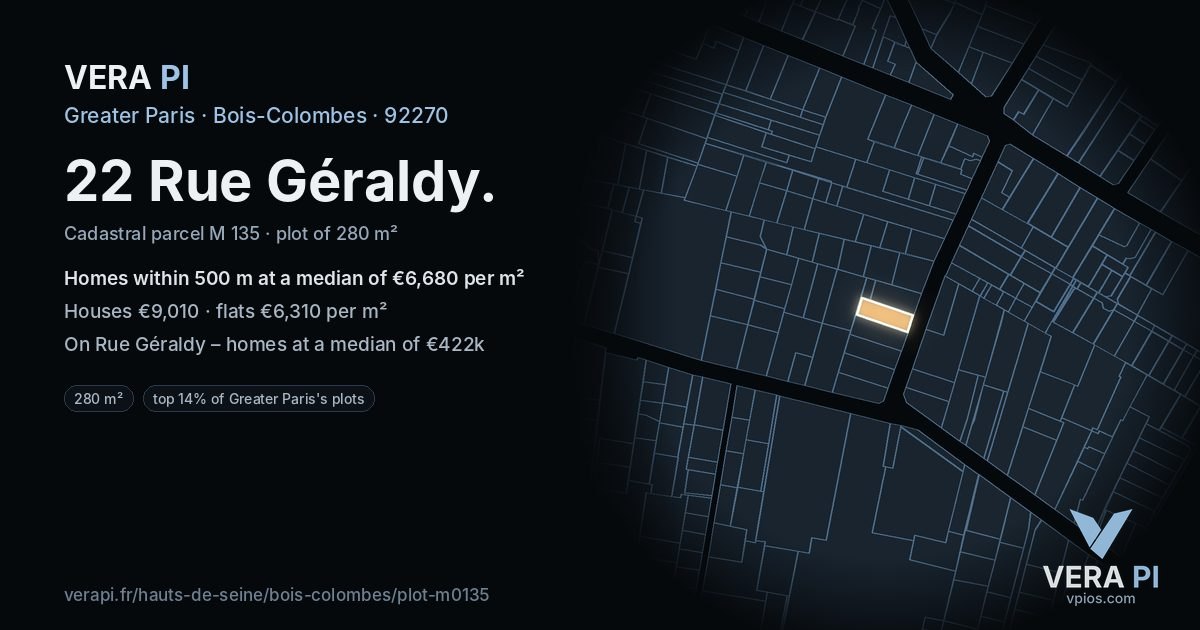 22 Rue Géraldy, Bois-Colombes at night – the plot lit, the parcels around coloured by the prices near them