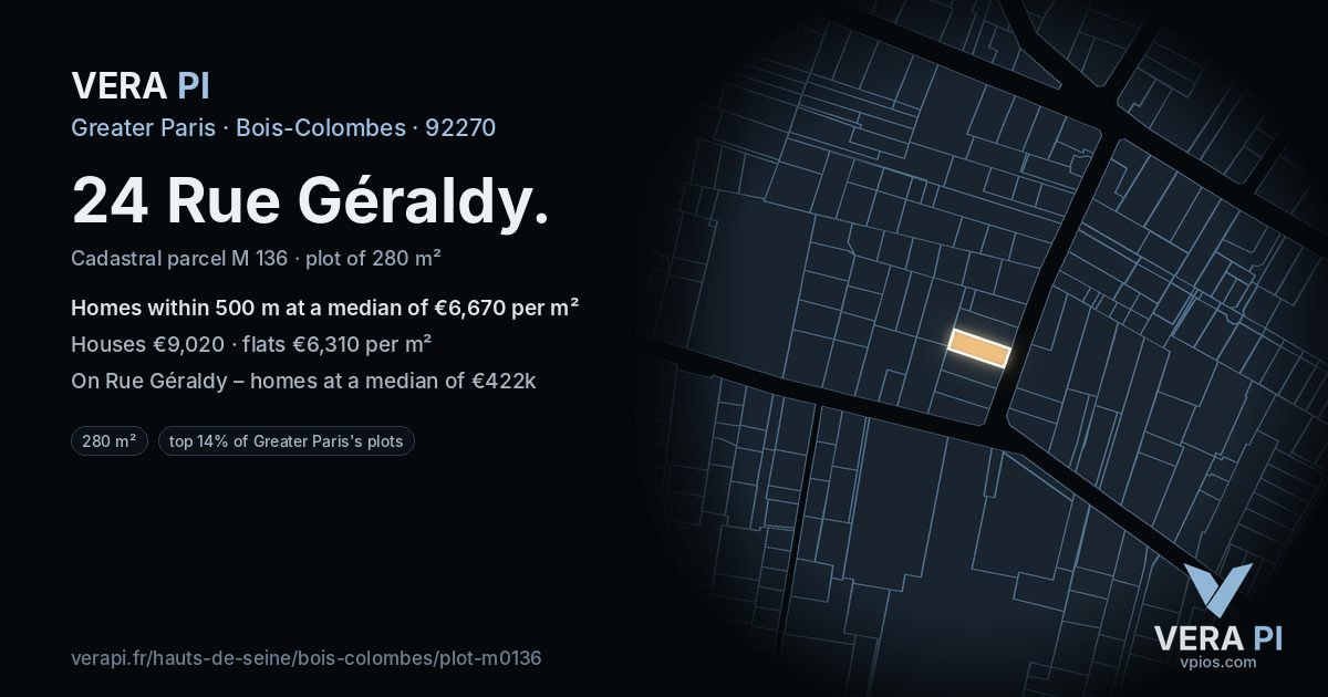 24 Rue Géraldy, Bois-Colombes at night – the plot lit, the parcels around coloured by the prices near them
