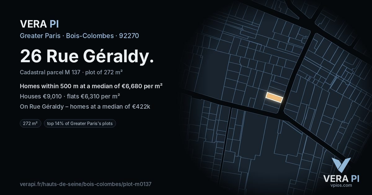 26 Rue Géraldy, Bois-Colombes at night – the plot lit, the parcels around coloured by the prices near them