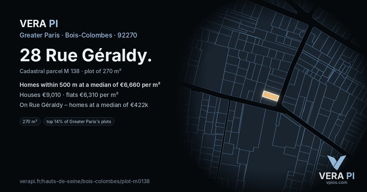 28 Rue Géraldy, Bois-Colombes at night – the plot lit, the parcels around coloured by the prices near them