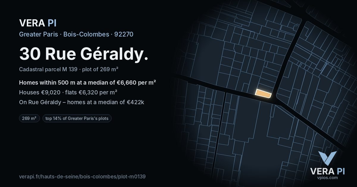 30 Rue Géraldy, Bois-Colombes at night – the plot lit, the parcels around coloured by the prices near them