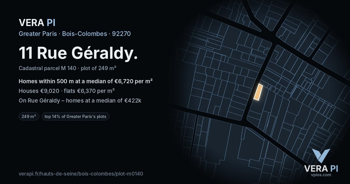11 Rue Géraldy, Bois-Colombes at night – the plot lit, the parcels around coloured by the prices near them
