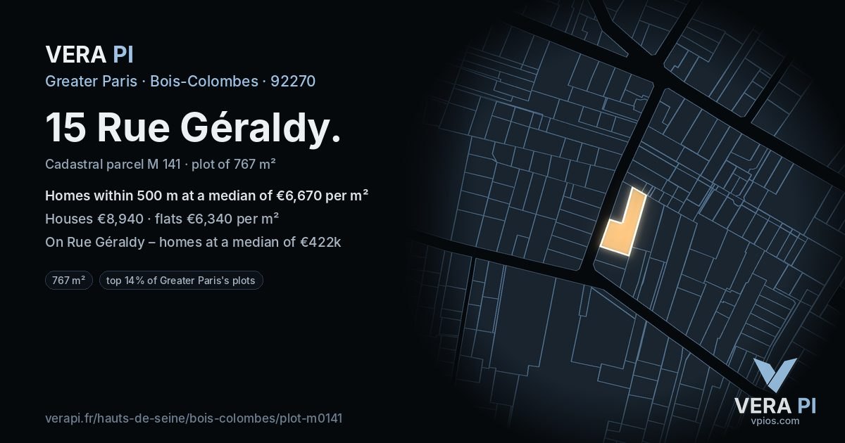 15 Rue Géraldy, Bois-Colombes at night – the plot lit, the parcels around coloured by the prices near them