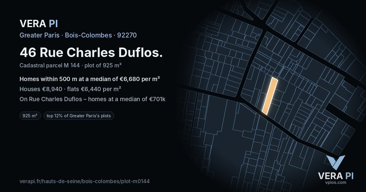 46 Rue Charles Duflos, Bois-Colombes at night – the plot lit, the parcels around coloured by the prices near them