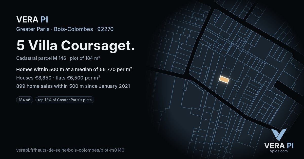 5 Villa Coursaget, Bois-Colombes at night – the plot lit, the parcels around coloured by the prices near them