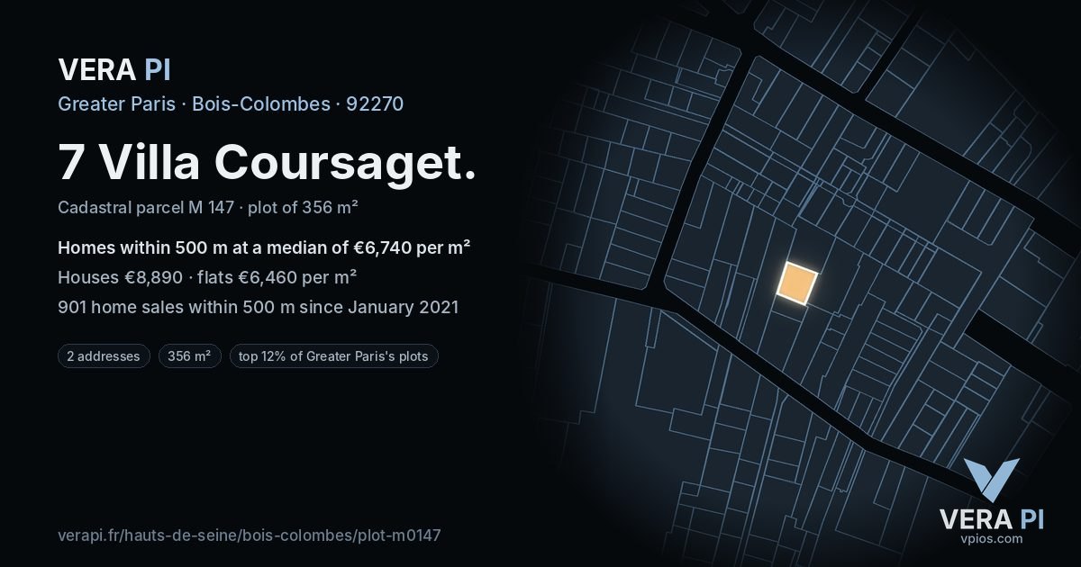 7 Villa Coursaget, Bois-Colombes at night – the plot lit, the parcels around coloured by the prices near them