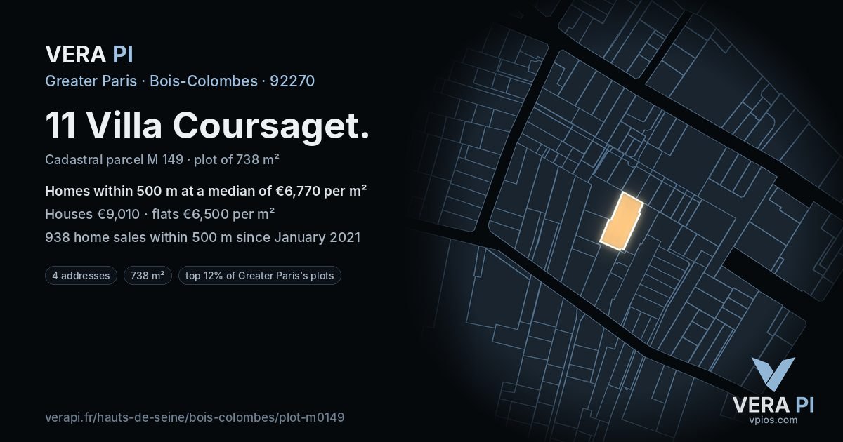 11 Villa Coursaget, Bois-Colombes at night – the plot lit, the parcels around coloured by the prices near them