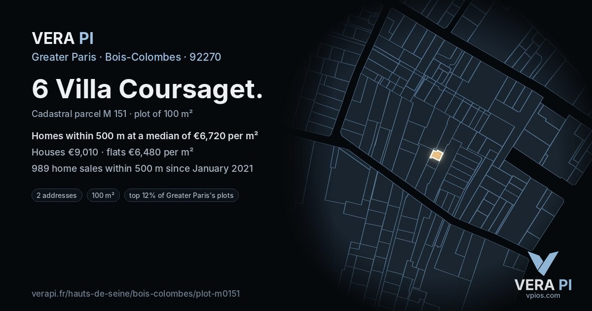 6 Villa Coursaget, Bois-Colombes at night – the plot lit, the parcels around coloured by the prices near them