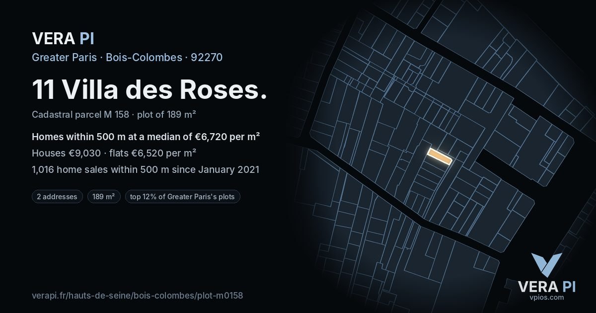 11 Villa des Roses, Bois-Colombes at night – the plot lit, the parcels around coloured by the prices near them