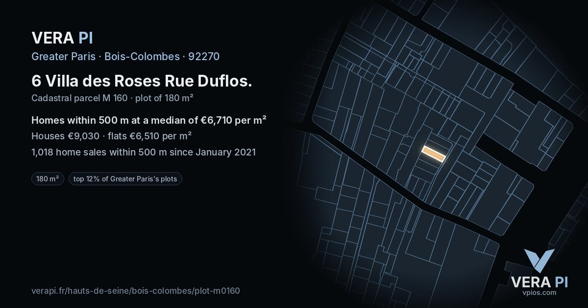 6 Villa des Roses Rue Duflos, Bois-Colombes at night – the plot lit, the parcels around coloured by the prices near them