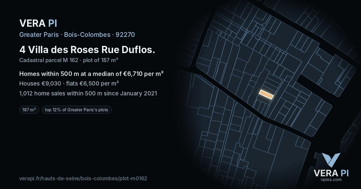 4 Villa des Roses Rue Duflos, Bois-Colombes at night – the plot lit, the parcels around coloured by the prices near them