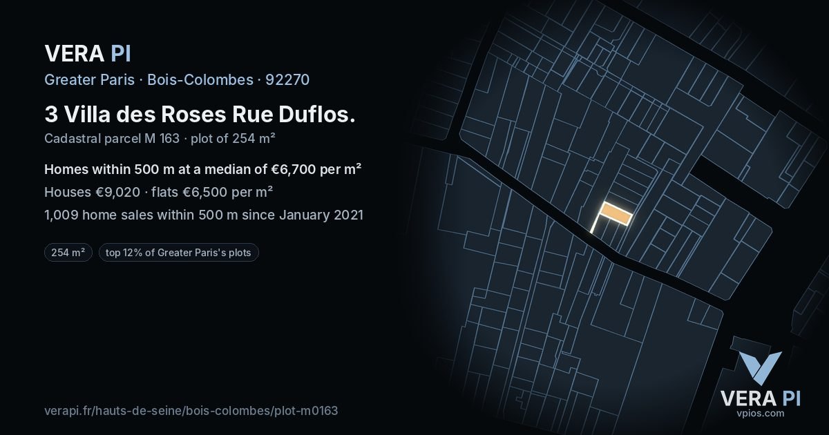 3 Villa des Roses Rue Duflos, Bois-Colombes at night – the plot lit, the parcels around coloured by the prices near them