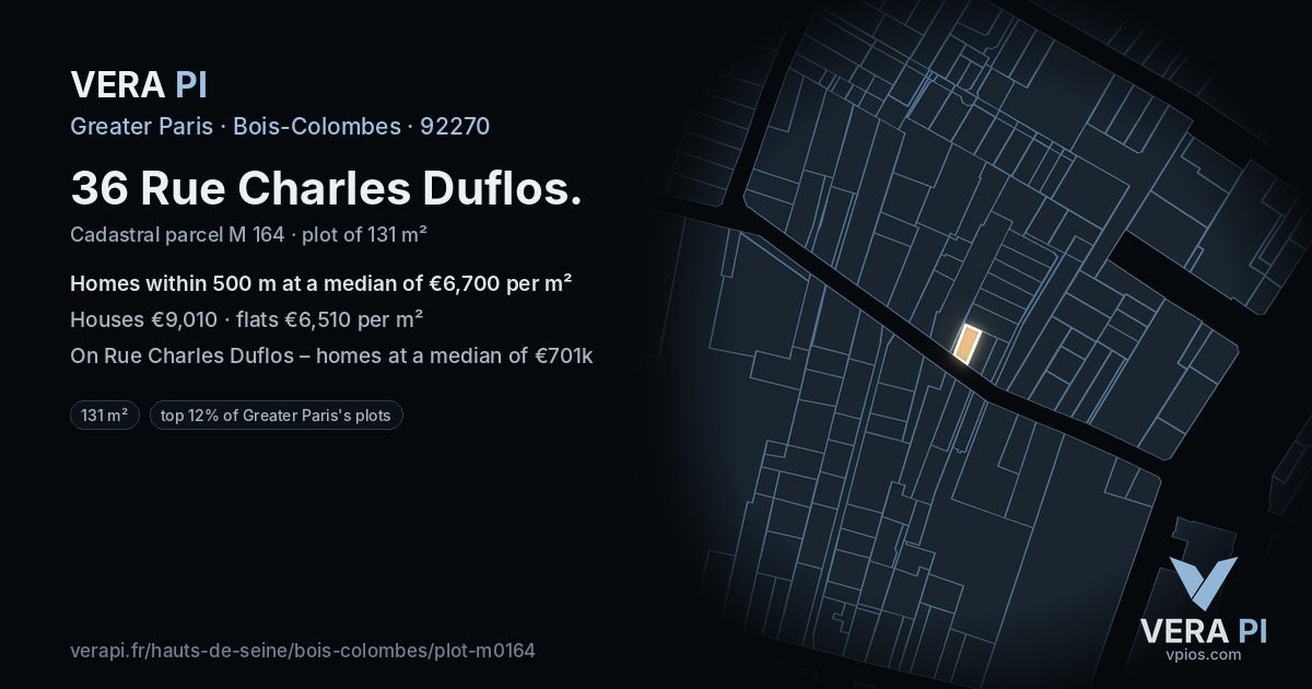 36 Rue Charles Duflos, Bois-Colombes at night – the plot lit, the parcels around coloured by the prices near them