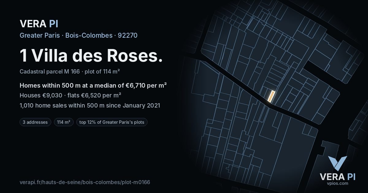 1 Villa des Roses, Bois-Colombes at night – the plot lit, the parcels around coloured by the prices near them