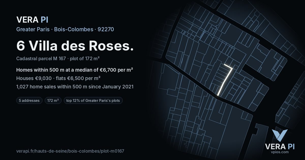6 Villa des Roses, Bois-Colombes at night – the plot lit, the parcels around coloured by the prices near them