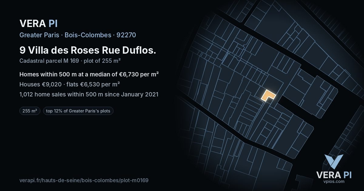 9 Villa des Roses Rue Duflos, Bois-Colombes at night – the plot lit, the parcels around coloured by the prices near them