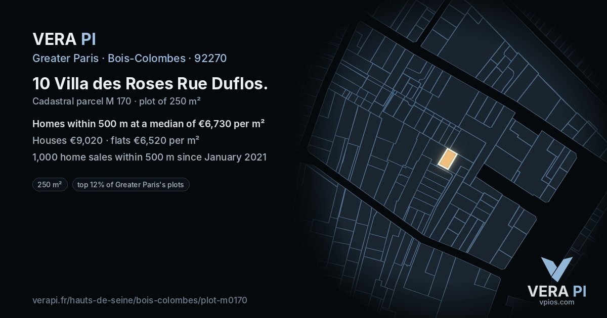 10 Villa des Roses Rue Duflos, Bois-Colombes at night – the plot lit, the parcels around coloured by the prices near them
