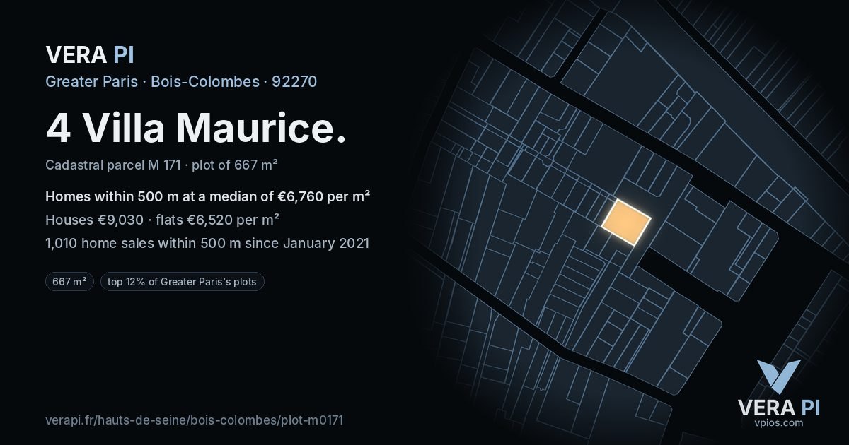 4 Villa Maurice, Bois-Colombes at night – the plot lit, the parcels around coloured by the prices near them